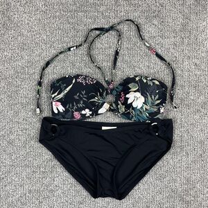 Kate Spade Bikini Womens Small Black Floral Bandeau Halter Two Piece Set Padded